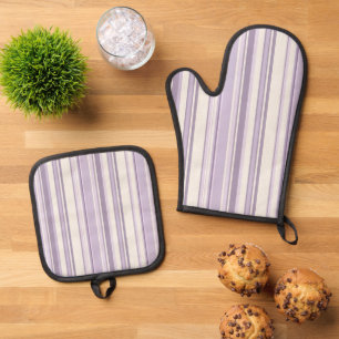  Lavender Shades Soft Ivory Stripes Oven Mitt & Pot Holder Set