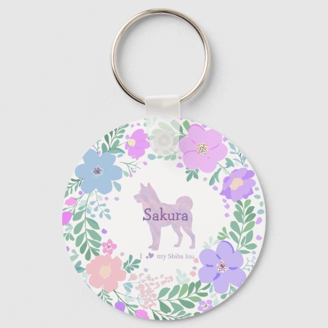Lavender Shiba Inu Silhouette  Custom Name & Photo Key Ring (Front)
