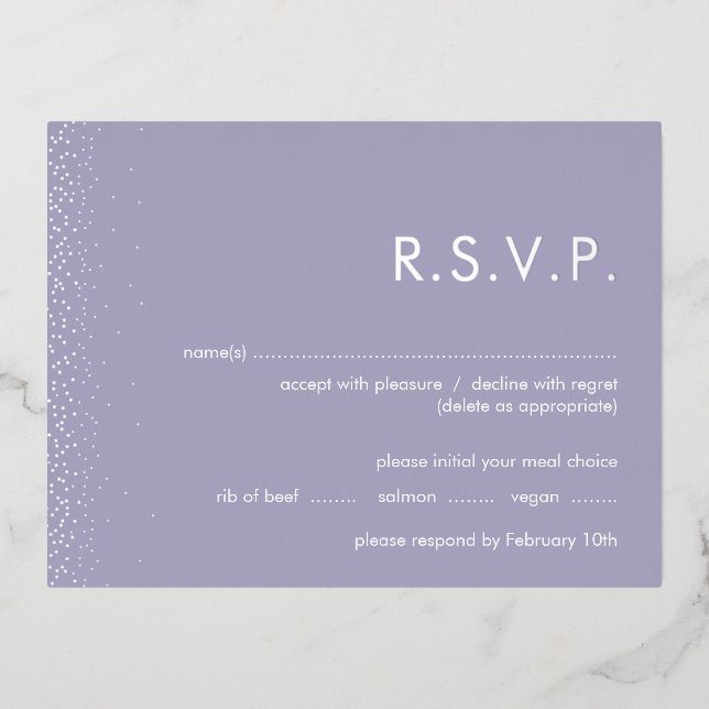Lavender shimmer foil wedding RSVP postcard (Front)
