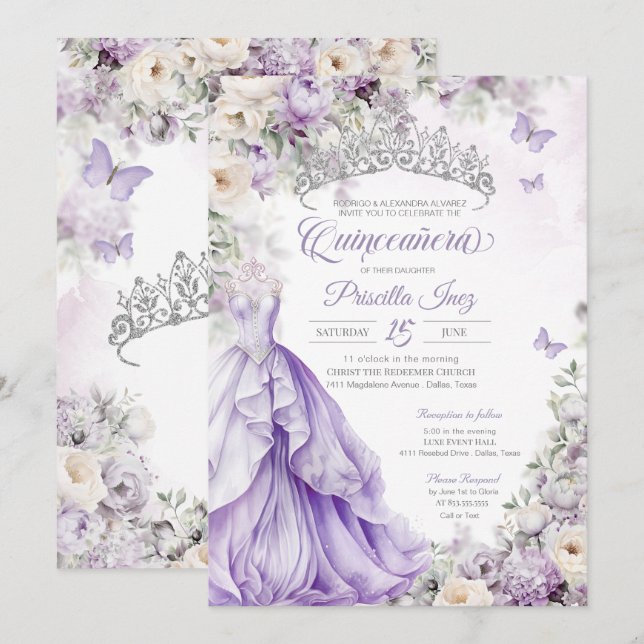 Lavender Silver Butterfly Princess Quinceañera Invitation (Front/Back)