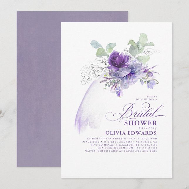 Lavender Silver Elegant Modern Boho Bridal Shower Invitation (Front/Back)