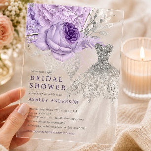 lavender Silver Floral Wedding Dress Bridal Shower Acrylic Invitations