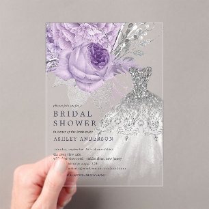 lavender Silver Floral Wedding Dress Bridal Shower Acrylic Invitations
