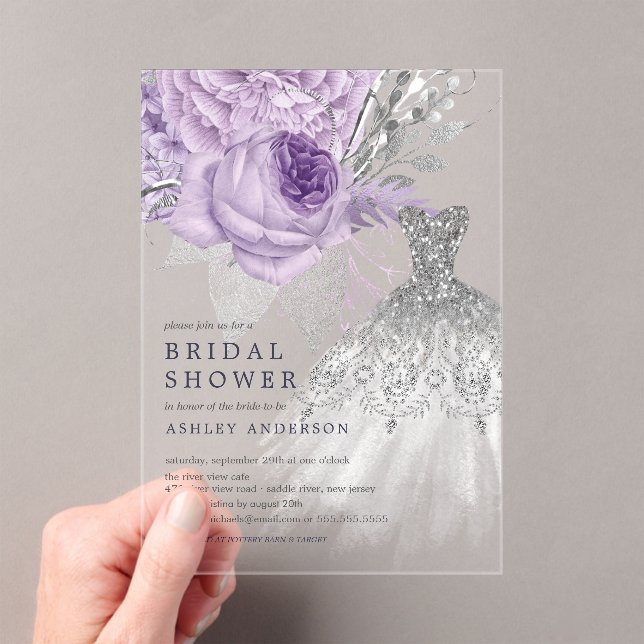 lavender Silver Floral Wedding Dress Bridal Shower Acrylic Invitations (Insitu (Handheld))
