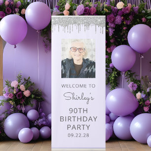 Lavender Silver Glitter Drip Photo 90th Birthday Retractable Banner