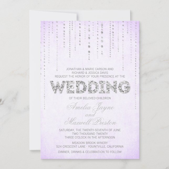 Lavender & Silver Glitter Look Wedding Invitation (Front)