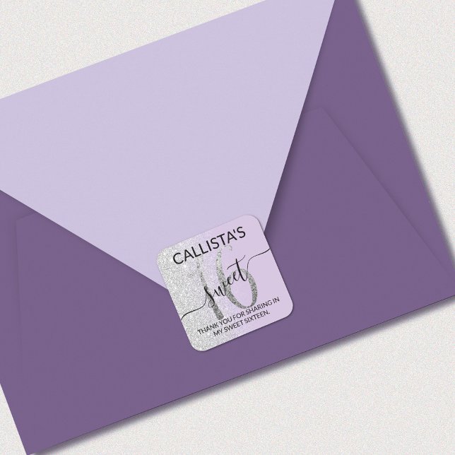 Lavender Silver Glitter Ombre Sweet 16 Favour Square Sticker (Creator Uploaded)