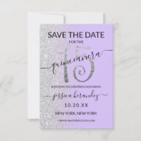 Lavender Silver Glitter Quinceañera Save the Date