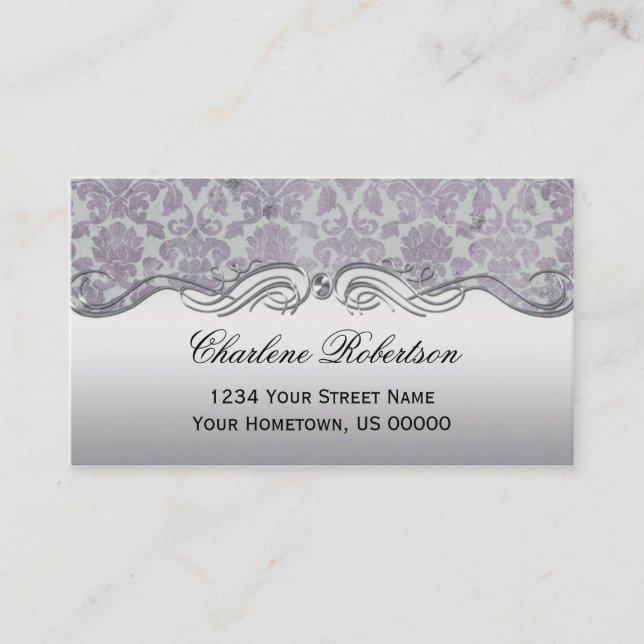 Lavender Silver Grunge Damask Ornate Silver Swirls Business Card (Front)