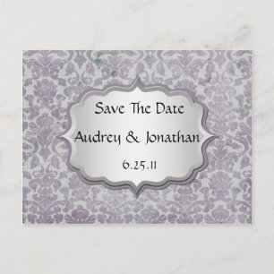 Lavender Silver Grunge Damask Save The Date Announcement Postcard