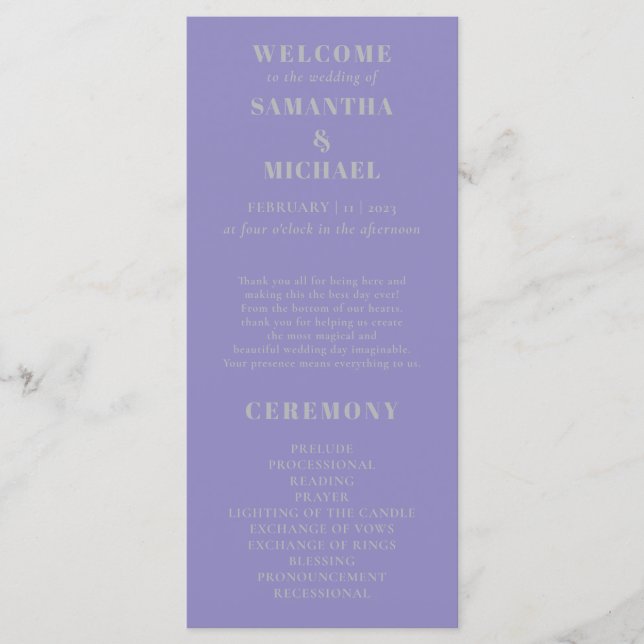 Lavender Silver minimal modern program wedding Menu (Front)