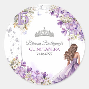 Lavender Silver Tiara Floral Butterfly Quinceañera Classic Round Sticker