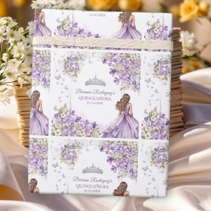 Lavender Silver Tiara Floral Butterfly Quinceañera Wrapping Paper