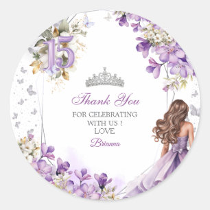 Lavender Silver Tiara Floral Quinceañera Thank You Classic Round Sticker