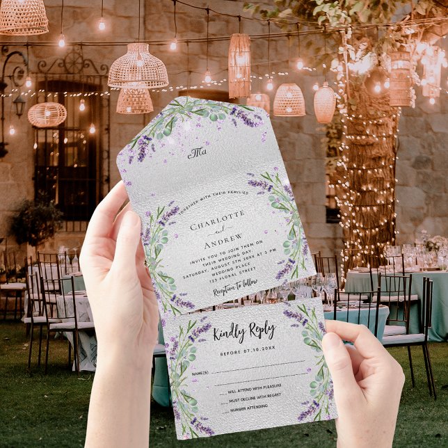 Lavender silver violet floral eucalyptus wedding all in one invitation (Creator Uploaded)