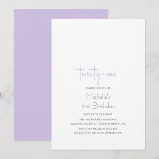 Lavender Simple Modern Minimalist 21st Birthday Invitation