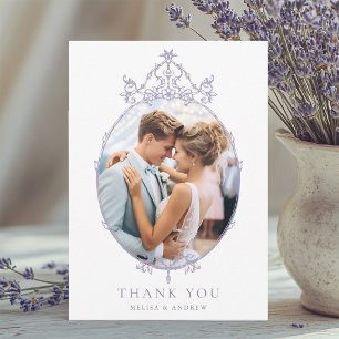 Lavender Simple Vintage Frame Wedding Photo Thank You Card