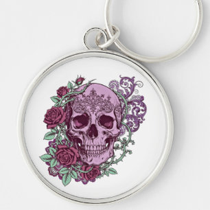Lavender Skull With Roses Goth Design Key Ring