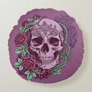 Lavender Skull With Roses Goth Design Round Cushion