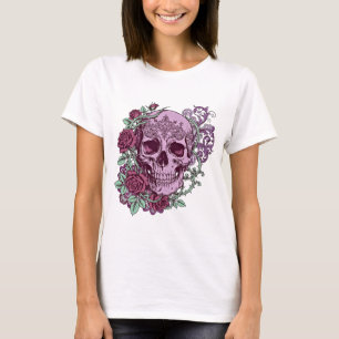 Lavender Skull With Roses Goth Design T-Shirt