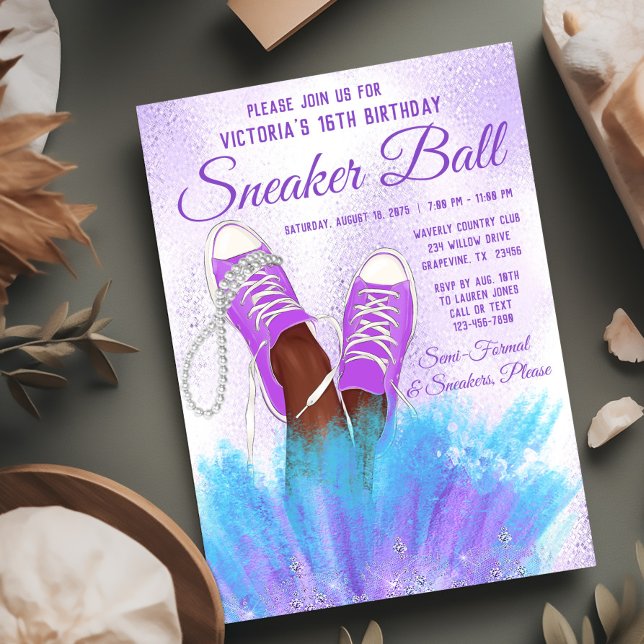 Lavender Sneaker Ball Birthday Party Invitation (Purple teal sneaker ball invitation. Instant download file and printed invitations available.)