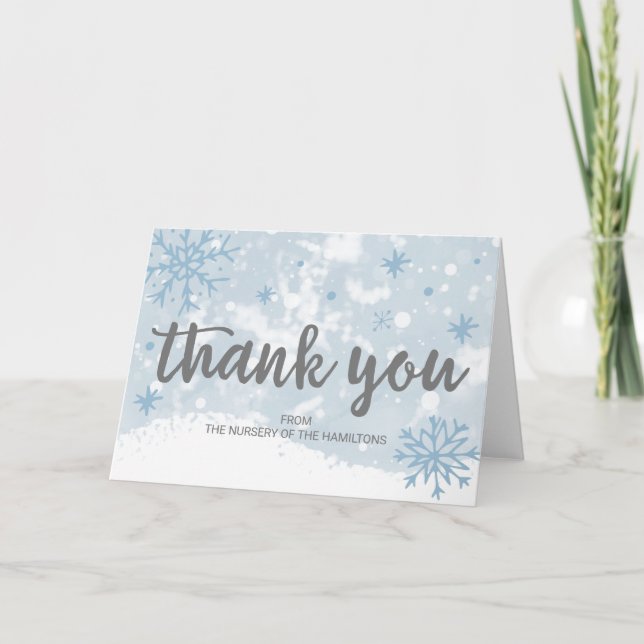 Lavender Snowflakes Winter Baby Shower Thank You C Card (Front)