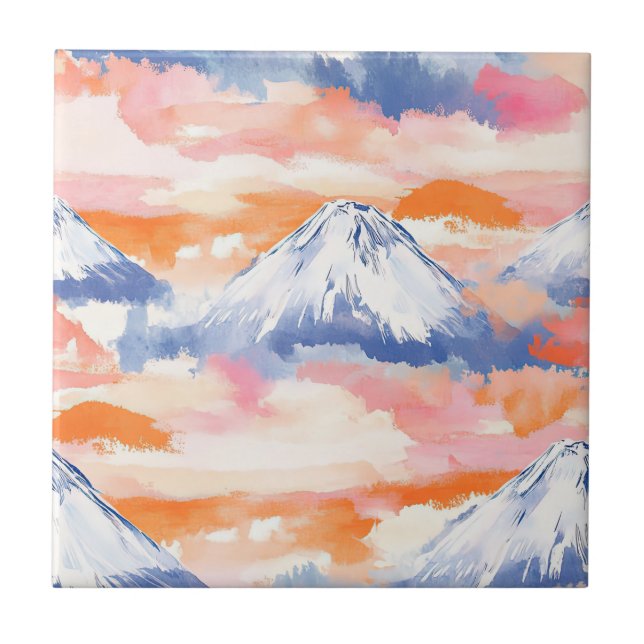 Lavender Snowy Mountain Scenic Watercolor Tile (Front)