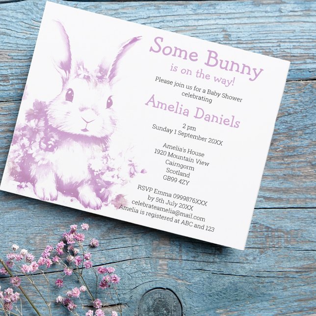 Lavender Some Bunny is coming Baby Shower  Invitation (Some bunny is coming! supper cute baby shower invites 🐇💕🐇)