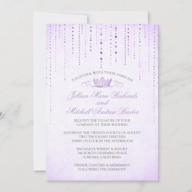 Lavender Sparkles & Crown Fairytale Wedding Invitation (Front)