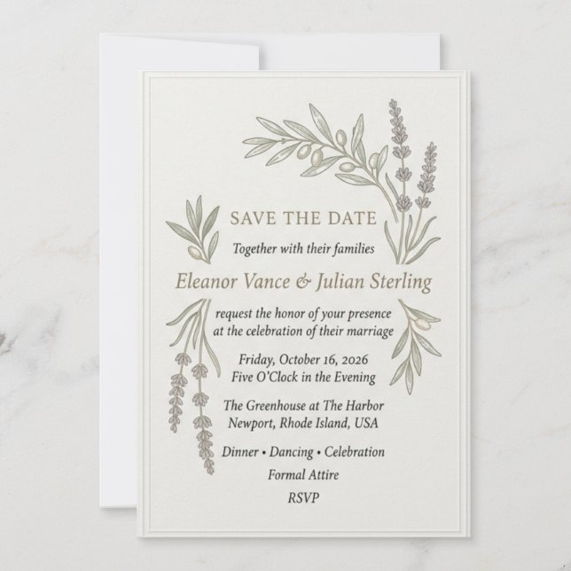 Lavender Sprigs, Olive Branches, Panelled Border F Invitation (Front)