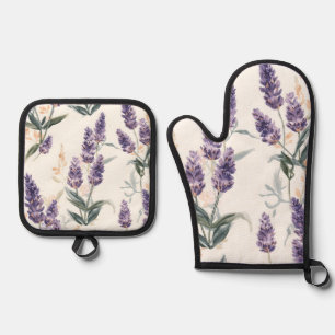 Lavender Sprigs Watercolor Botanical Purple Floral Oven Mitt & Pot Holder Set