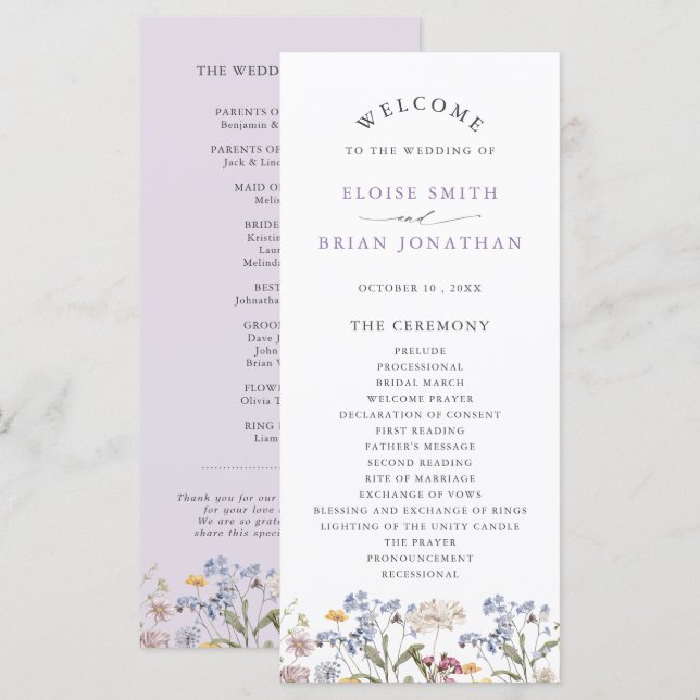 Lavender Spring Wildflower Meadow Garden Wedding  Programme (Front/Back)