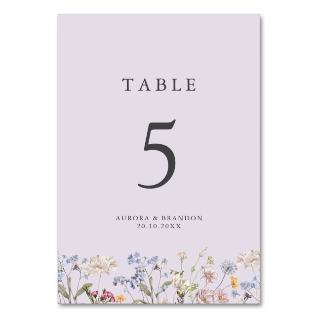 Lavender Spring Wildflower Meadow Garden Wedding  Table Number (Front)