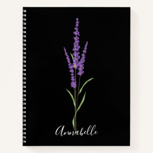 Lavender Stem on Black Personalised Notebook