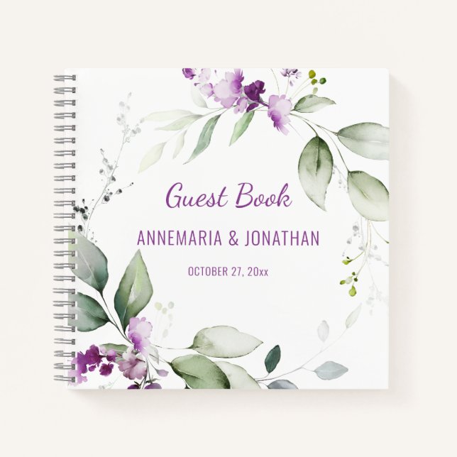 Lavender Stems and Light Green Wedding Guest Book (Front)