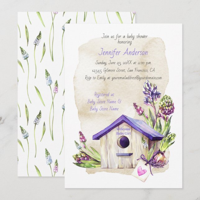 Lavender Stems Purple Birdhouse Baby Shower Invitation (Front/Back)