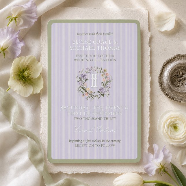 Lavender Stripe Floral Crest Spring Wedding (Lavender Stripe Floral Crest Spring Wedding Foil Invitation)