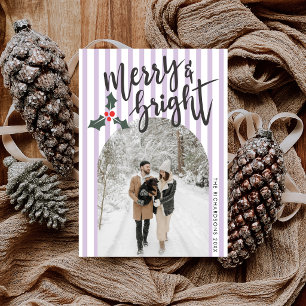 Lavender Striped Merry & Bright Christmas Photo Holiday Card