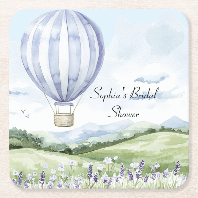 Lavender Stripes Balloon Floral Bridal Shower Square Paper Coaster (Front)