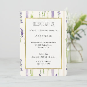 Lavender Stripes Floral Birthday Invitation
