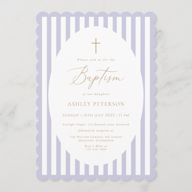 Lavender Stripes Girl Baptism Invitation (Front)