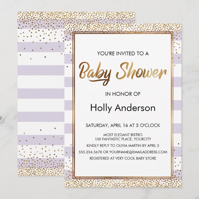 Lavender Stripes Gold Confetti Script Baby Shower Invitation (Front/Back)