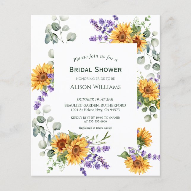 Lavender Sunflower Budget Bridal Shower Invitation Flyer (Front)