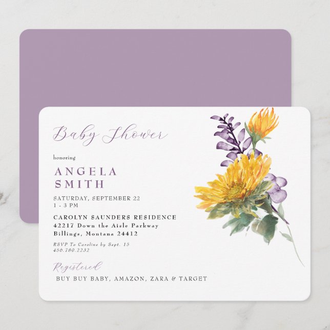 Lavender Sunflower Floral Baby Shower Invitation (Front/Back)