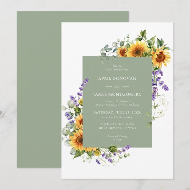 Lavender Sunflower Floral Frame Wedding Invitation (Front/Back)