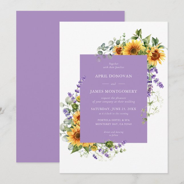 Lavender Sunflower Floral Frame Wedding Invitation (Front/Back)