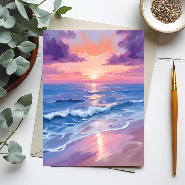 Lavender Sunset Purple Beach Ocean Watercolor Postcard (Creator Uploaded)