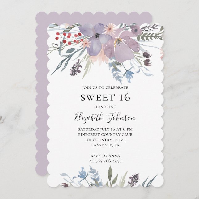 Lavender sweet 16. Purple floral 16th birthday Invitation (Front/Back)
