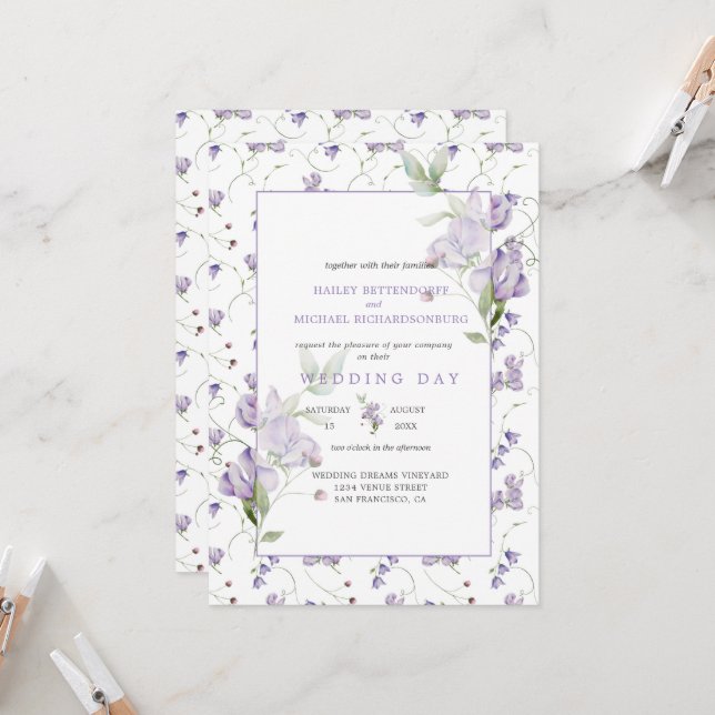 Lavender Sweet Peas Wedding Invitation (Front/Back In Situ)