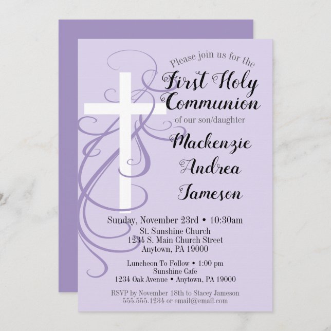 Lavender Swirl First Holy Communion Invitation (Front/Back)